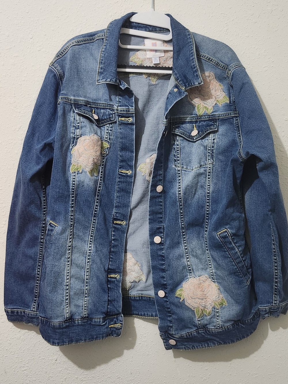 Lularoe. Denim Jacket with Pink Rose Embroidery XL